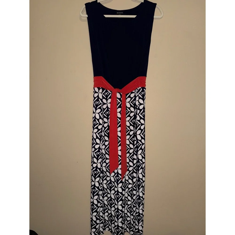 Navy Blue‎ Geometric Maxi Dress Orange Waist Tie Womens 16W Nautical Vacation